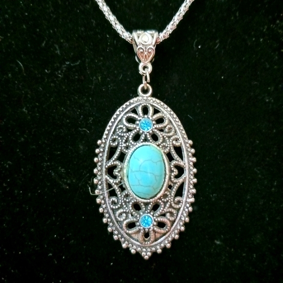 2 item-FAUX TURQUOISE & FLOWER GEMSTONE SILVERTONE NECKLACE & SUNFLOWER EARRINGS - Picture 2 of 10